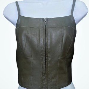 Bebe Sz 2 Olive Leather Bustier Crop Front Zip
